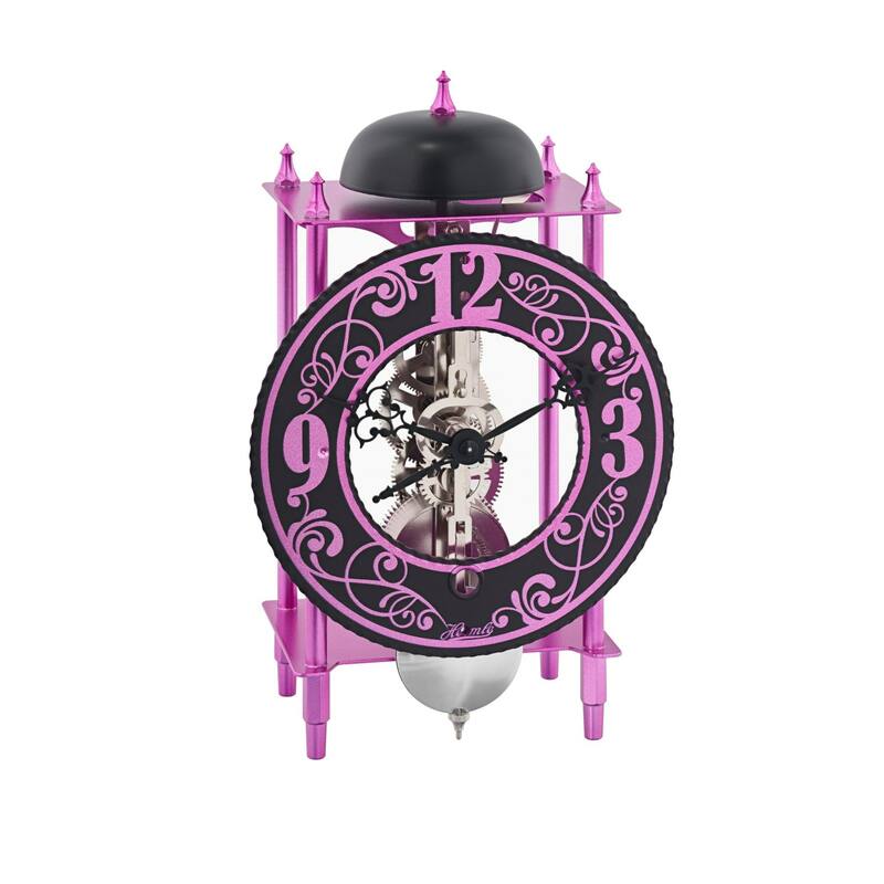 Wrought Iron Skeleton Table Clock - 9.5" - Fuchsia and Black