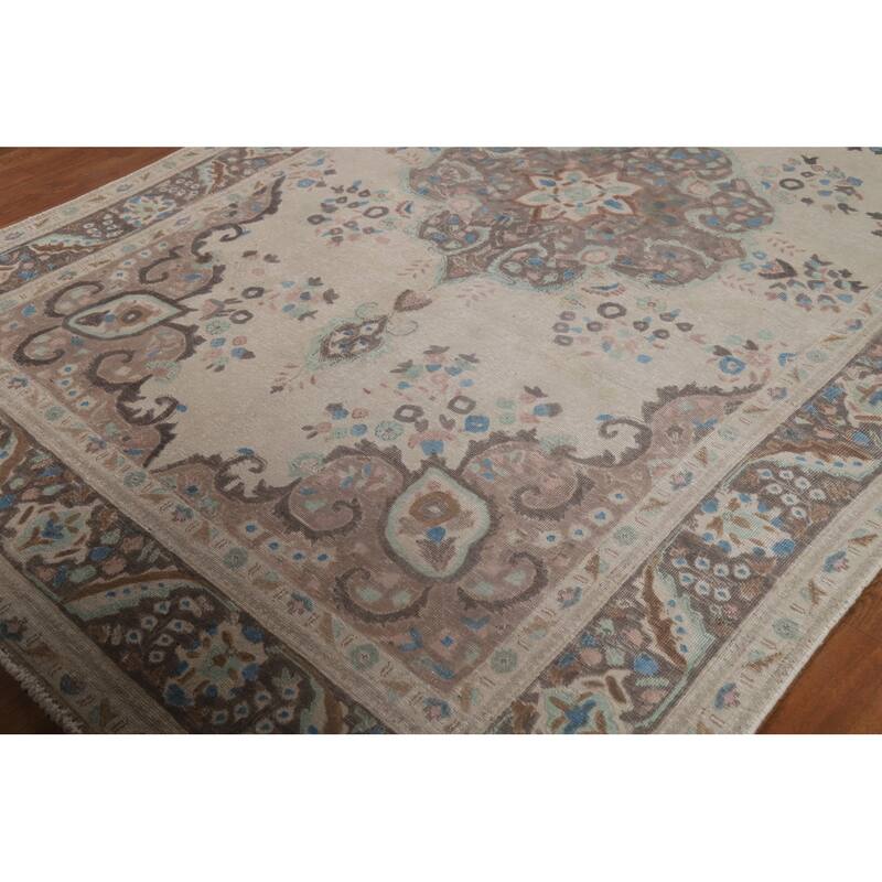 Floral Tabriz Persian Rug Hand-Knotted Traditional Beige Wool Carpet - 6'8"x 10'0"