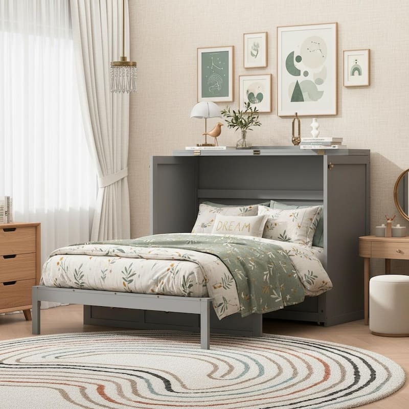 Convertible Full Size Murphy Bed Cabinet with Rattan Accents and Storage Drawer by Harper&Bright Designs - Grey