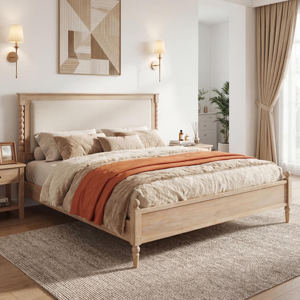Christopher Knight Home - Traditional Wooden Platform Bed with Upholstered Headboard and Spindle Accent Design