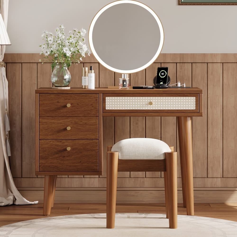 Wooden Makeup Vanity Set, Dressing Table with Charging Plug and USB Ports, Makeup Table with 3 Drawers and 1 Rattan Drawer