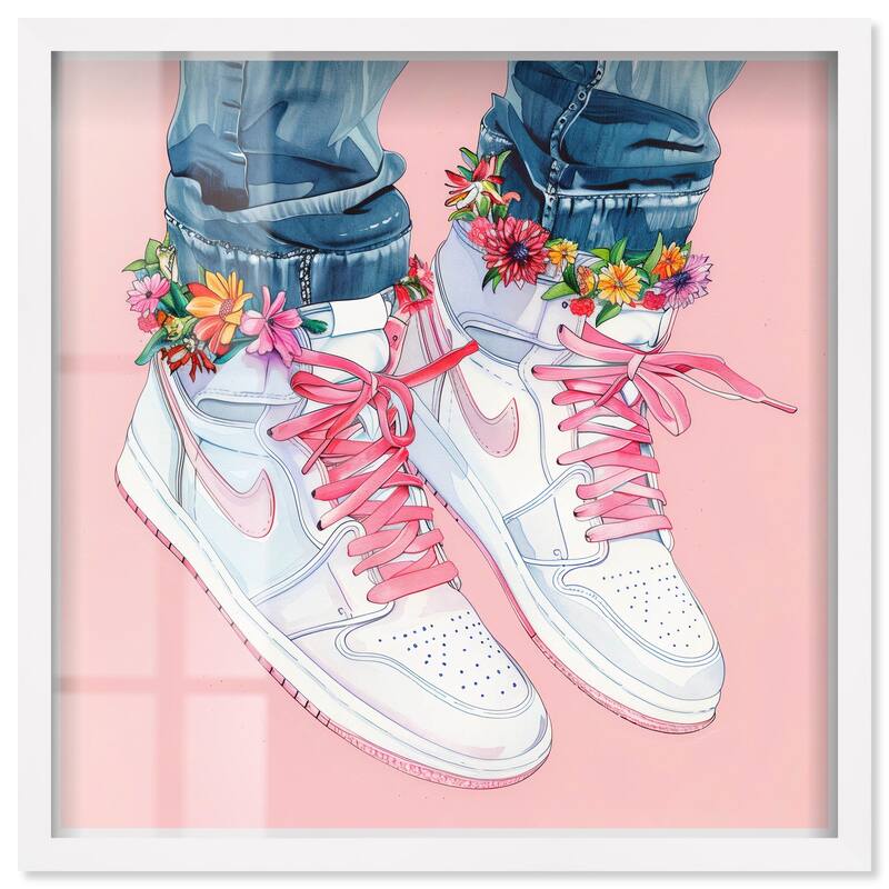 Blush Floral Bloom Sneakers Shadowbox by Art Remedy - White - 24" x 24"