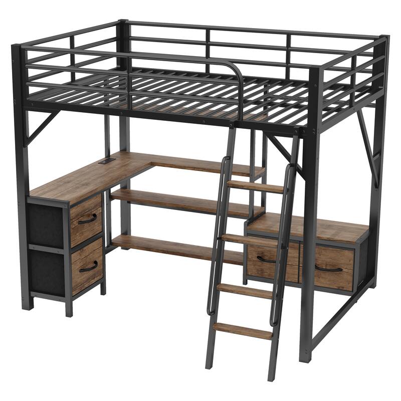 Roomfitters Full Loft Platform Bed, LED Charging Desk and Wardrobe Shelves with Metal Frame for Bedroom or Guest Room, Black