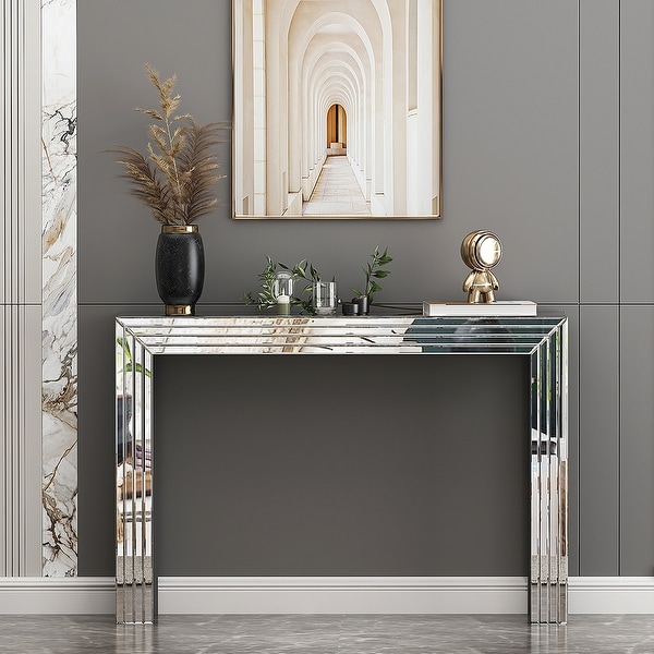 Silver Mirrored Console Table With Crushed Diamond Inlay - 39.4"L Narrow Sofa Table For Entryway, Hallway