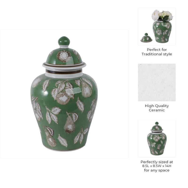 Ceramic Temple Jar Modern Pear Twigs Chinoiserie Design with Lid