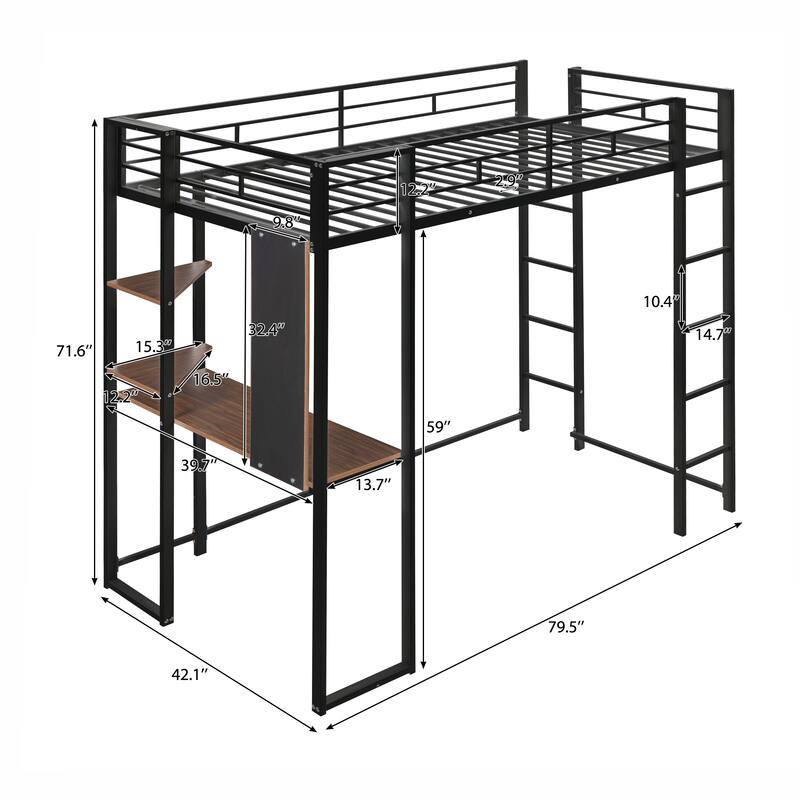 Loft Bed with 2 Shelves and Desk, Twin Size Metal Bed with Workspace
