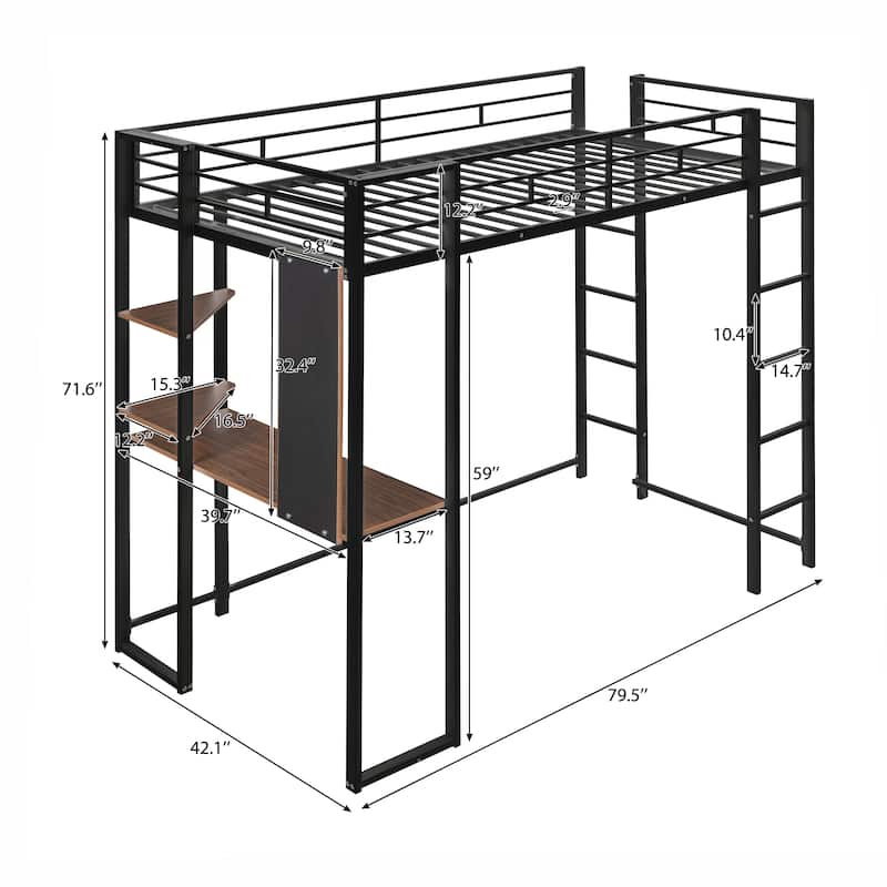 Twin Metal Loft Bed with 2 Shelves and one Desk staircase
