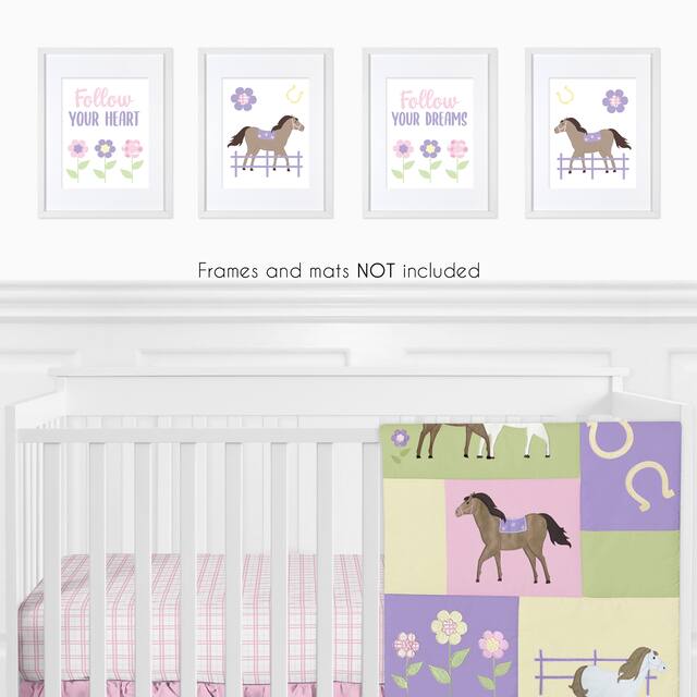 Pony Floral Collection Wall Decor Art Prints (Set of 4) - Purple, Pink, Yellow and Green Flower Farm Horse Plaid