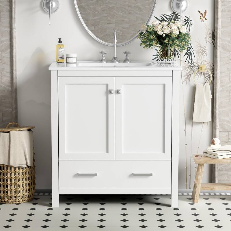 36"/30" Bathroom Vanity with Ceramic Sink, Soft-Close Doors, Double Storage Shelves & Divided Drawer - White - 30" Width