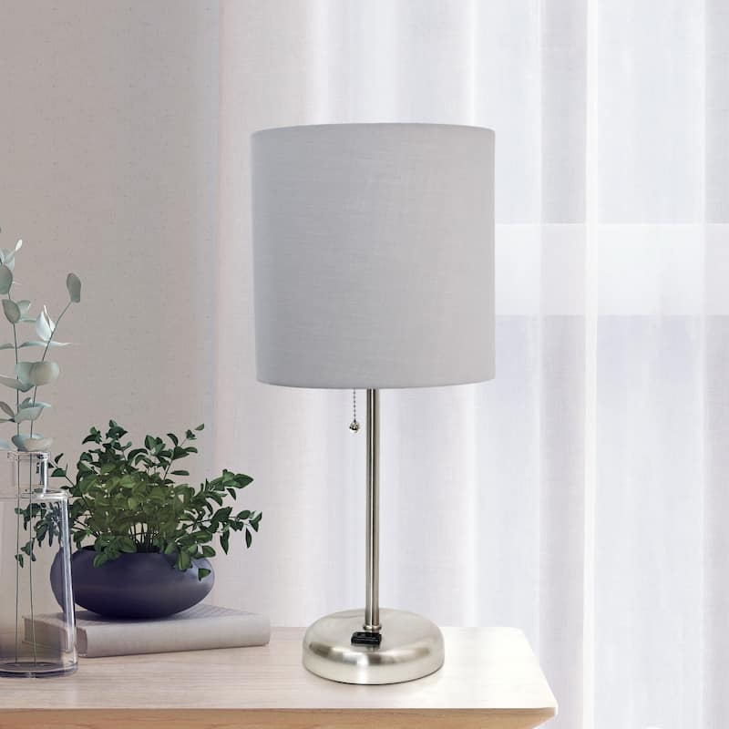 Brushed Steel Bedside Table Desk Lamp with Drum Shade - 19.5" - Silver and Gray