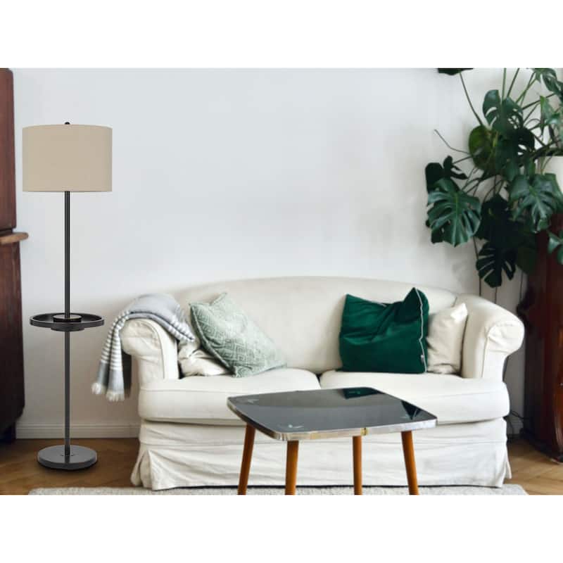 Crofton metal floor lamp with metal tray table and 2 USB charging ports and a weight base.