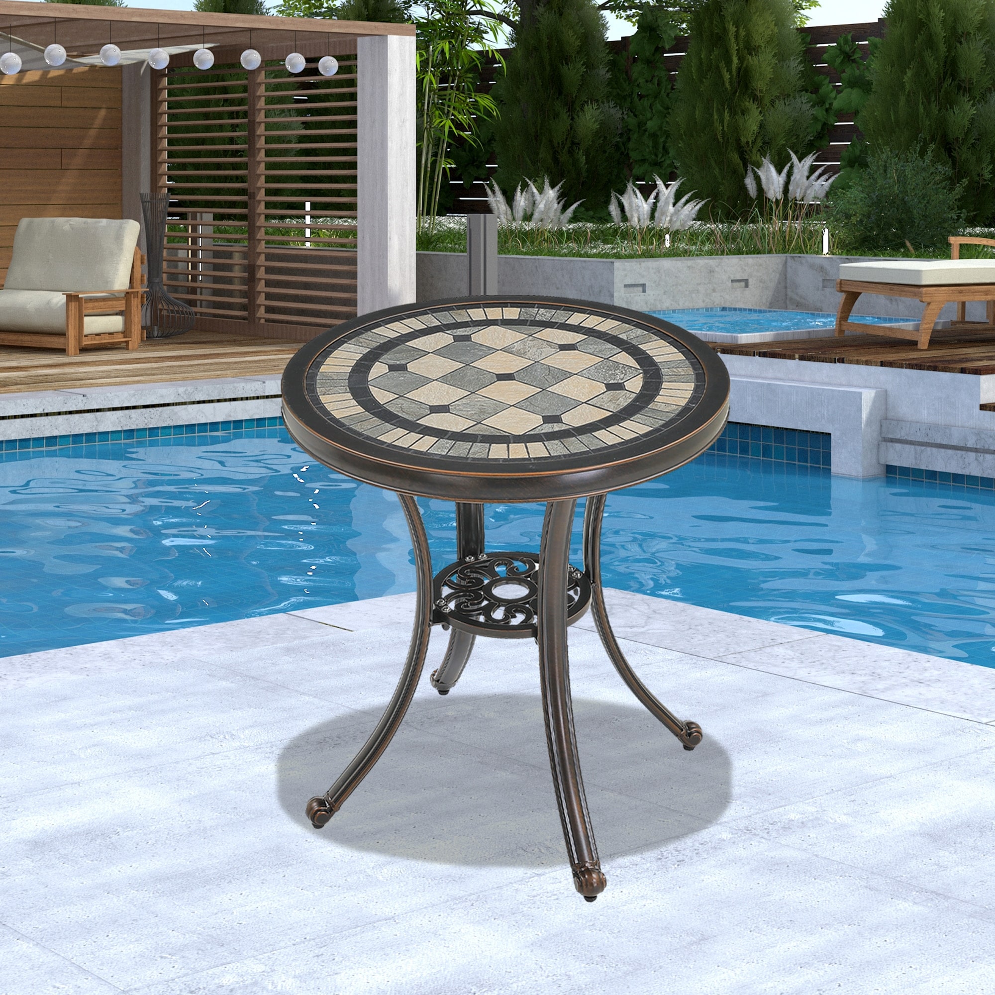 Clihome 24" Patio Table Cast Aluminum Outdoor Accent Table with Ceramic Desktop