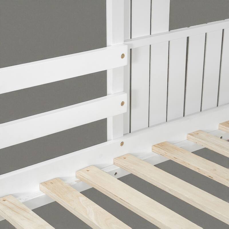 Wooden Twin Over Full Bunk Bed with Playhouse Design, Farmhouse Loft Bed with Ladder and Guardrails