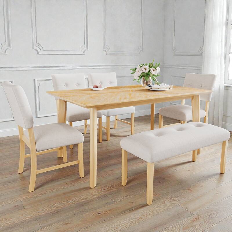 6-Piece Rustic Farmhouse Dining Set, Solid Wood Rectangular Table with 4 Upholstered Chairs and Bench for Dining Room