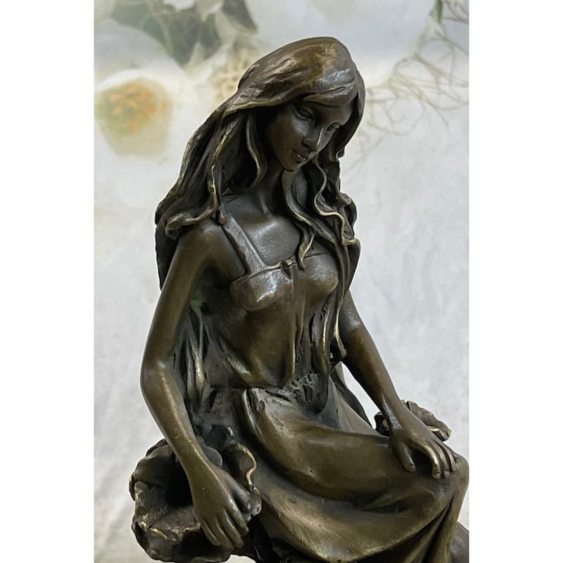 Nymph Girl Sitting On Flower Bronze Statue Sculpture Figure Fantasy 9 Inches X 5 Inches