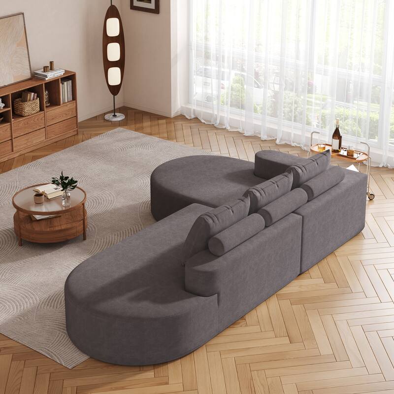 L Shaped Modular Curved Sectional Sofa, Chenille Upholstered 3 Seat Sofa, Corner Sofa with 3 Pillows for Living Room, Bedroom
