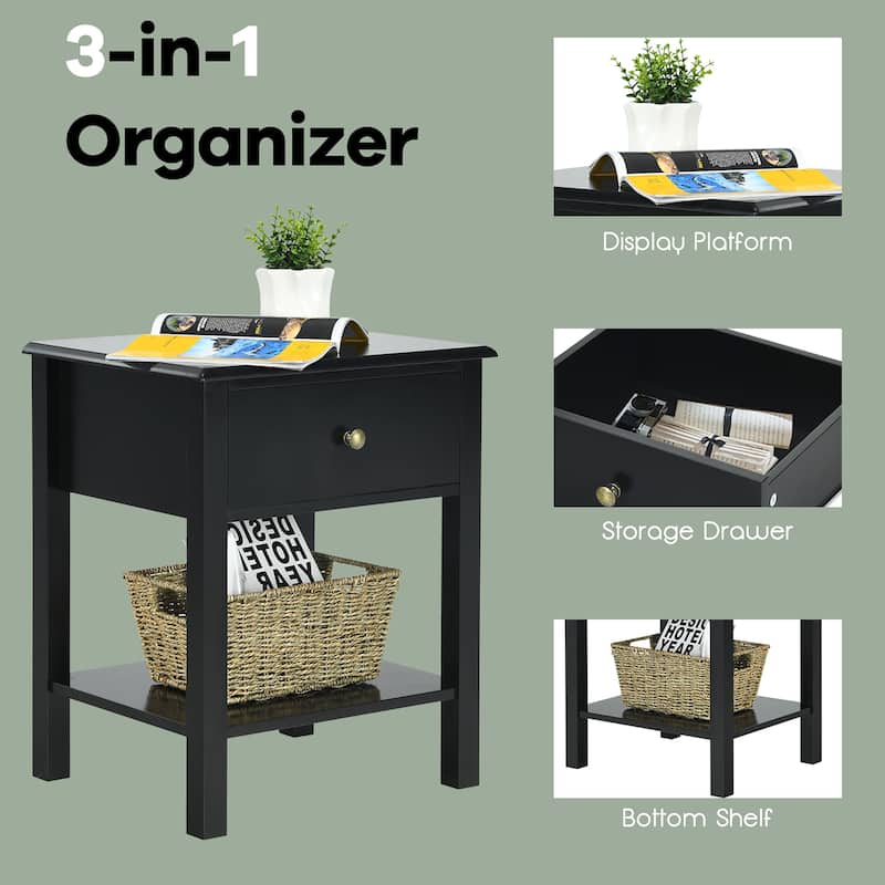 Costway 2PCS End Table Nightstand Storage Display Drawer Shelf Beside - 18''x15''x23.0''(LxWxH)