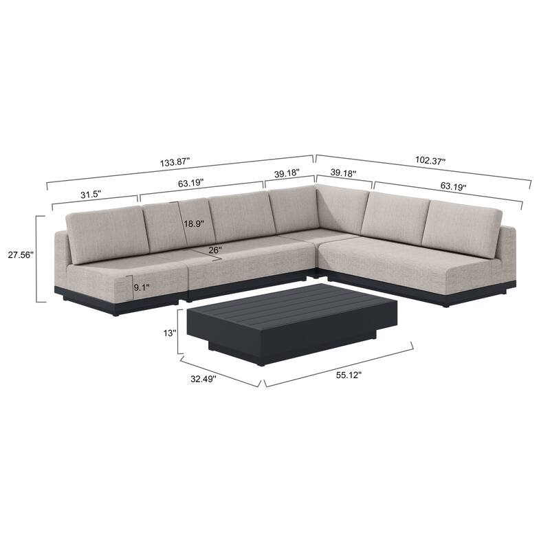Oslo Aluminum Outdoor Upholstered Sectional Lounge Set- 5-Piece
