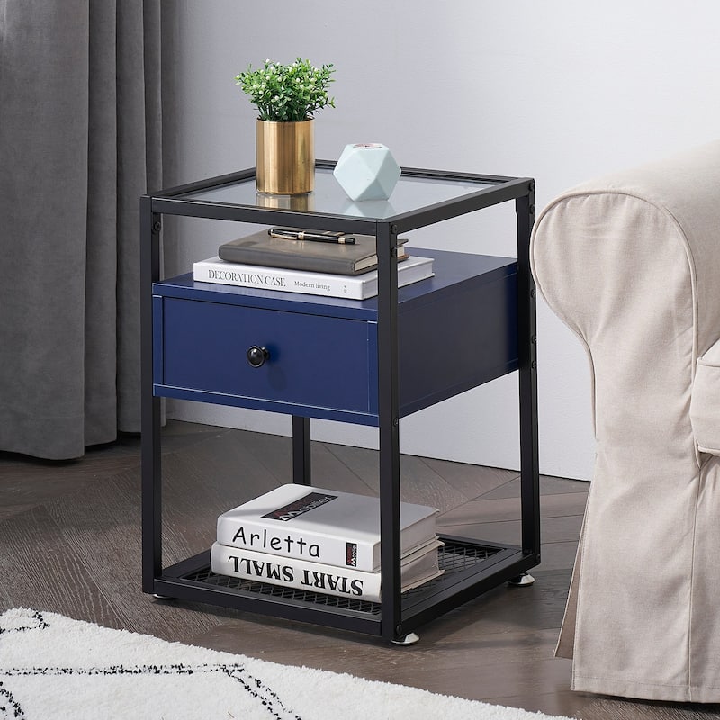 VECELO Modern 1-Drawer Nightstands with Tempered Glass Top - Blue