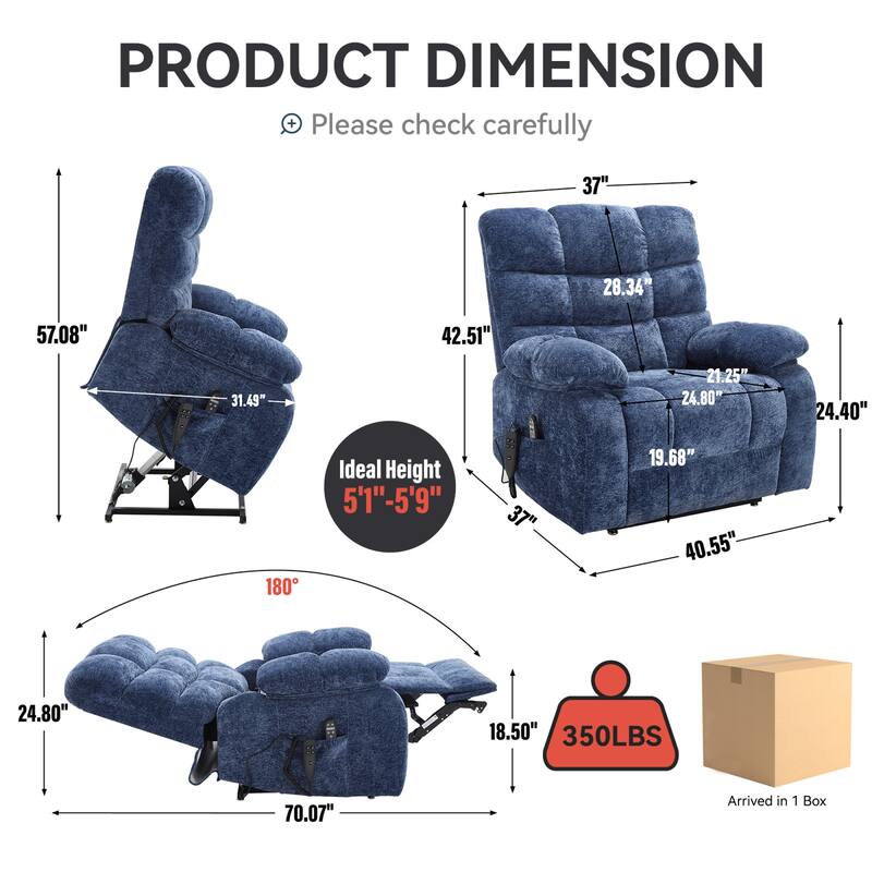 Roomfitters Oversized Power Lift Recliner Chair Dual Motor Infinite Position Heat Massage Sofa for 350lbs Capacity