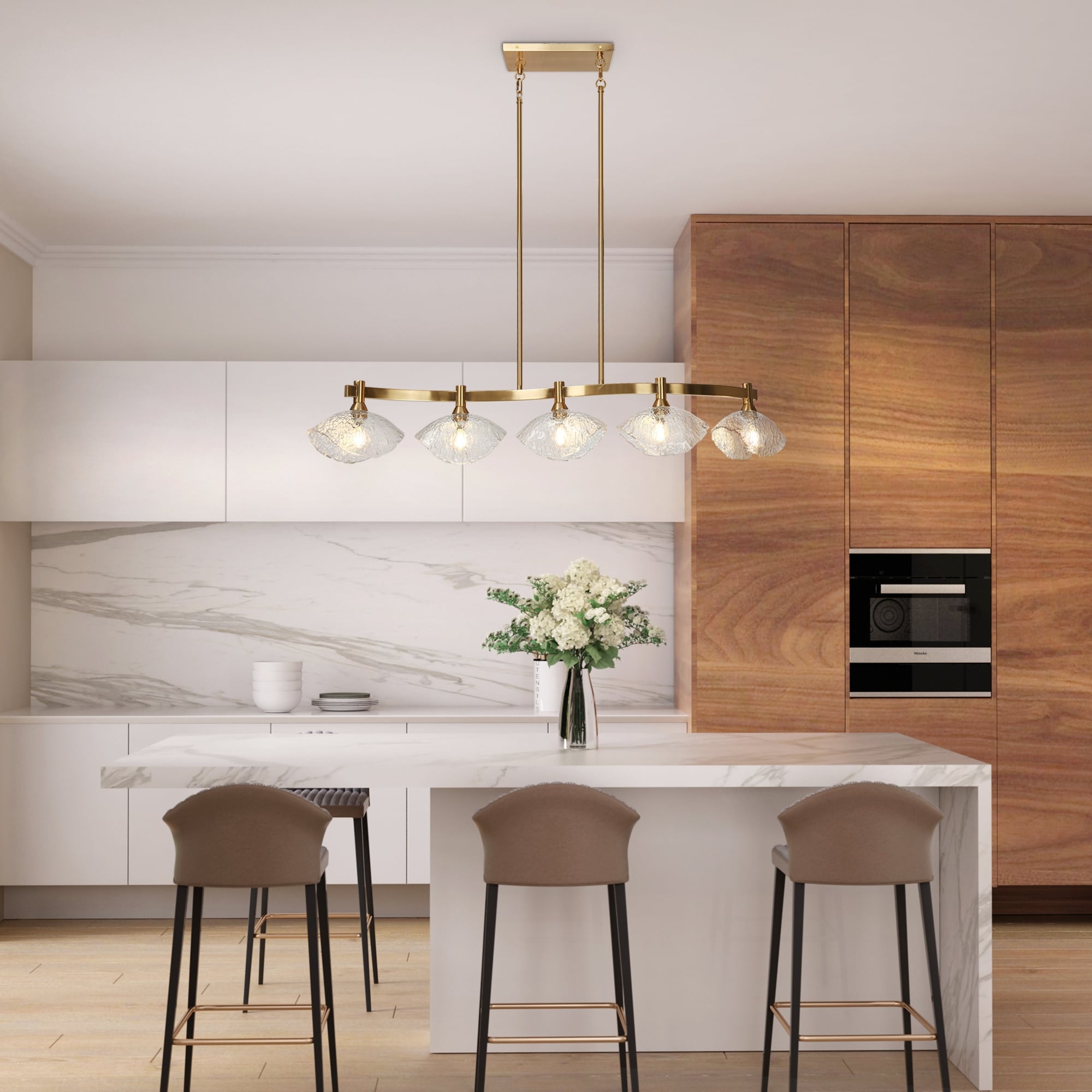 Modern Gold 5-Light Linear Chandelier Glass Island Pendant