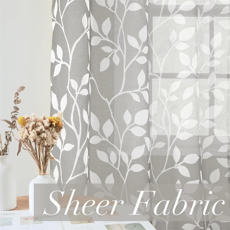 Grey Leaf Striped Sheer Curtains 48" Bathroom