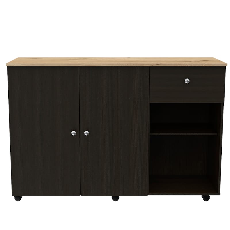 TUHOME Victoria Kitchen Island with 4 Interior Shelves, Casters, Drawer and Double Door Cabinet