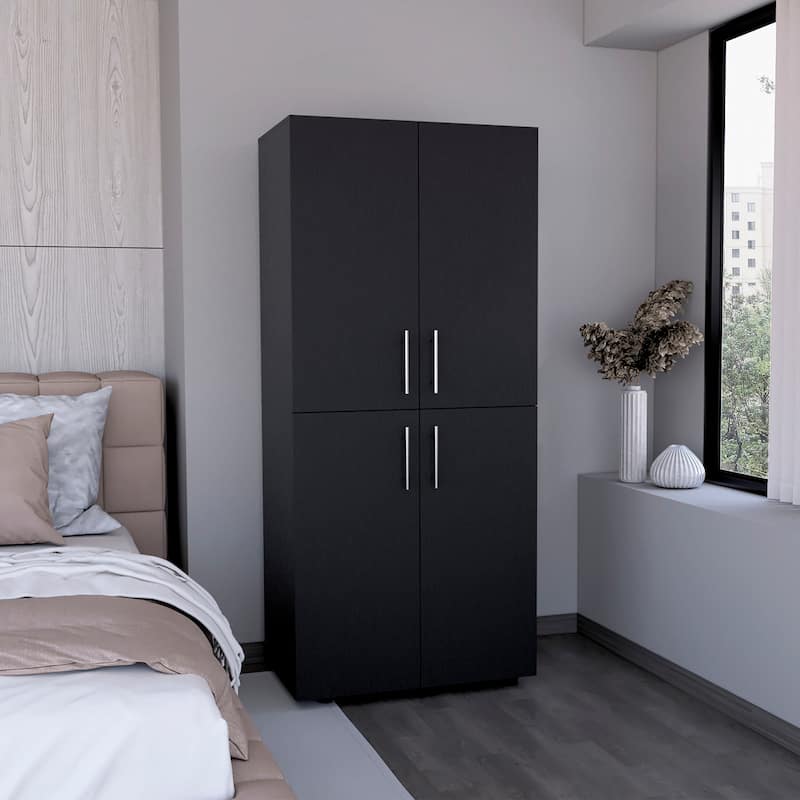 31.5" Modern Four-Door Armoire with Six Shelves and Two Hanging Rods for Bedroom - Black