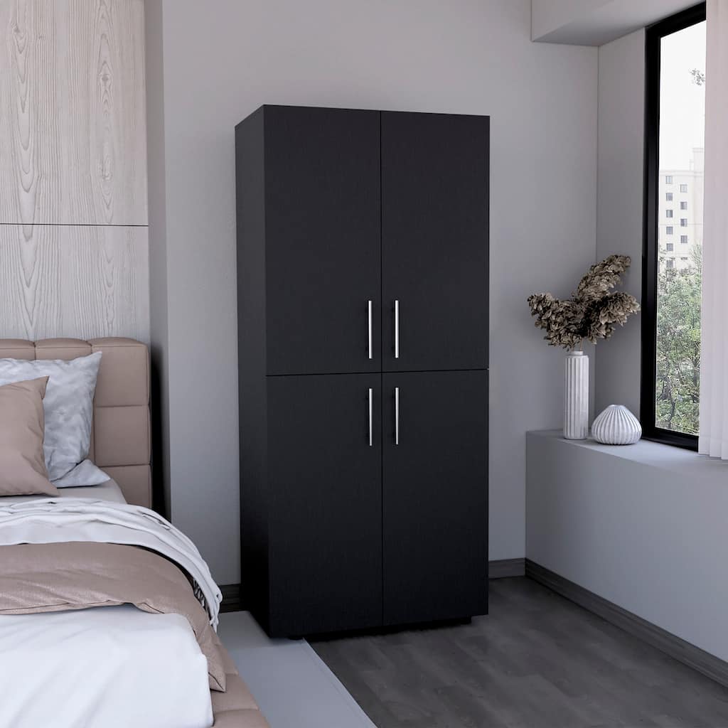 31.5" Modern Four-Door Armoire with Six Shelves and Two Hanging Rods for Bedroom