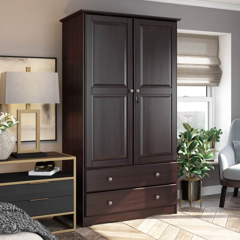 Palace Imports 100% Solid Wood Smart Wardrobe Armoire with 2 Drawers, Metal or Wooden Knobs - Java-Metal Knobs