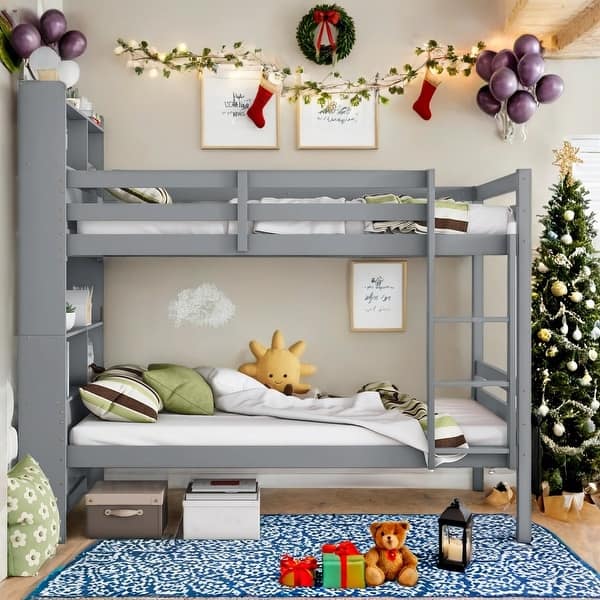 slide 2 of 16, Versatile Detachable Twin over Twin Bunk Bed with Bookcase Headboard for Bedroom Grey