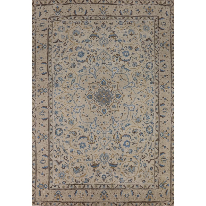 Floral Tabriz Persian Area Rug Beige Floral Handmade Wool Carpet - 7'2"x 10'5"
