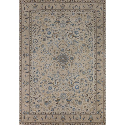 Floral Tabriz Persian Area Rug Beige Floral Handmade Wool Carpet - 7'2"x 10'5"