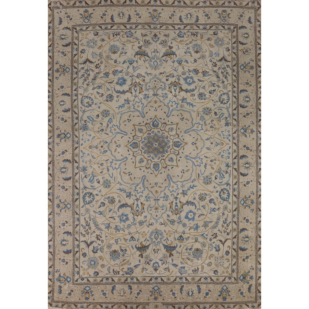 Floral Tabriz Persian Area Rug Beige Floral Handmade Wool Carpet - 7'2"x 10'5"