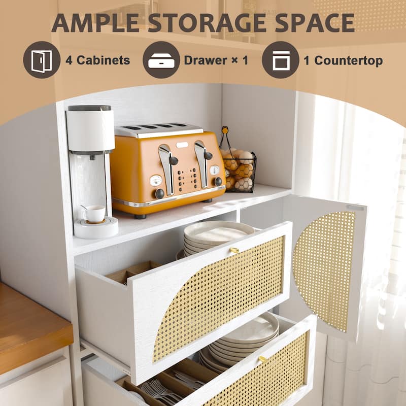 Modern Rattan Door Hutch Cabinet with Power Outlet, Tall Freestanding Pantry with Drawers and Shelves, Buffet Sideboard