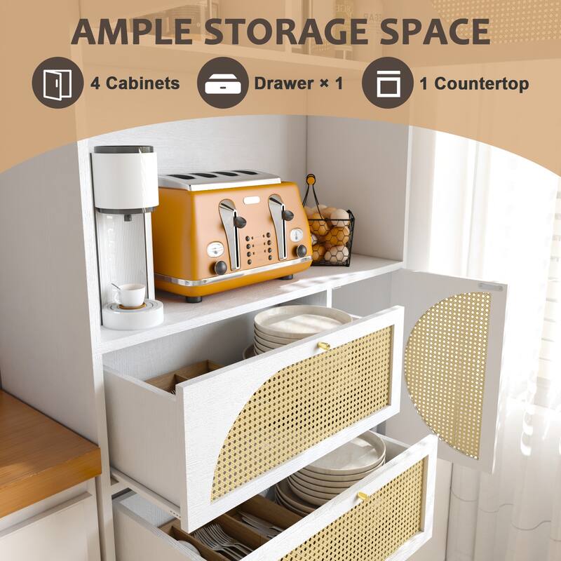 Storage Cabinet with Rattan Doors, Tall Freestanding Hutch Cabinet with Power Outlet,4 cabinet door and 4 Drawers