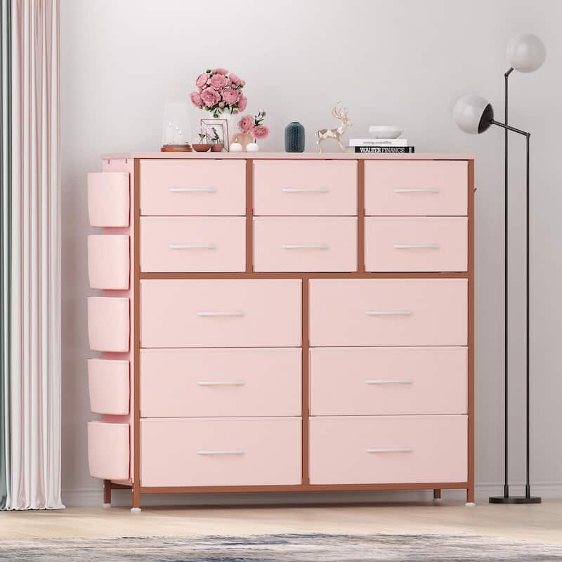 12 Drawer Dresser for Bedroom,Tall Fabric Dresser with Side Pockets and Hooks - Pink