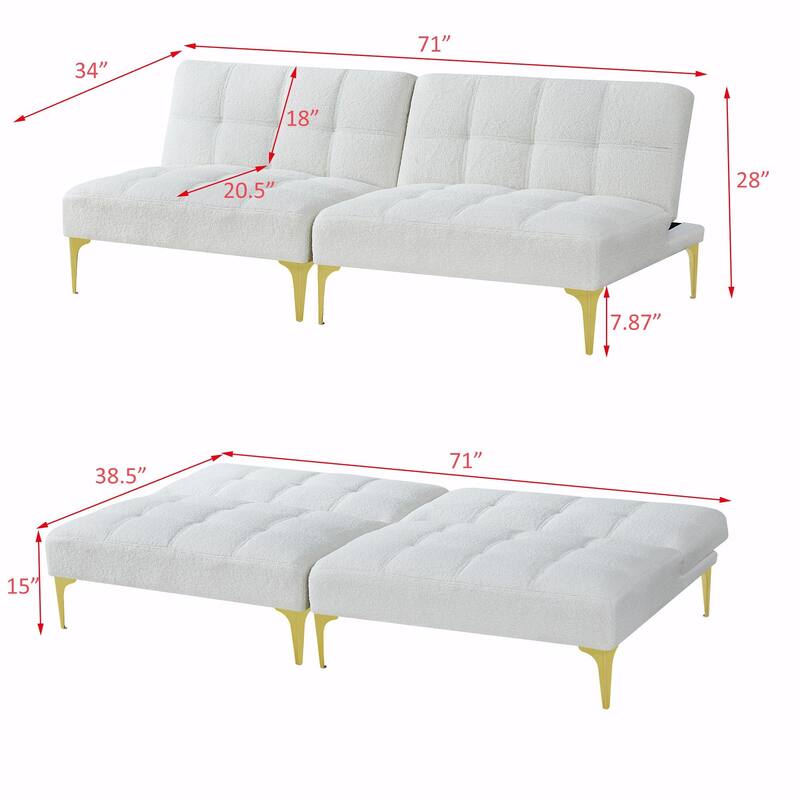 Convertible Sofa Bed Futon with Gold Metal Legs in Teddy Fabric