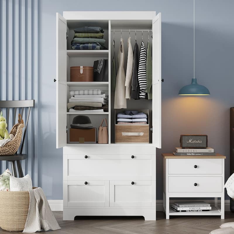 Gyomojoy Large White Wardrobe Closet with Drawers & Doors, Modular Armoire with Hanging Rods, Apartment & Dorm Storage
