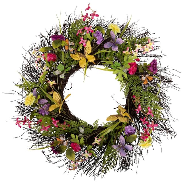 Arty 24" Butterfly Flower Wreath on Natural Twig Base