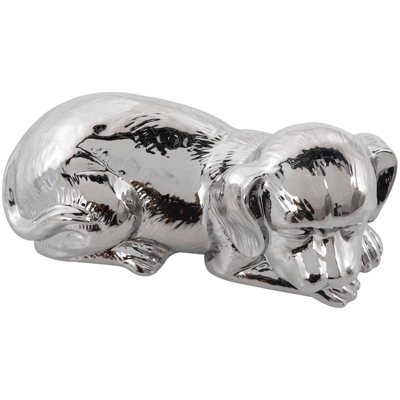 Silver or Gold Ceramic Laying Dog Sculpture with Matte Finish
