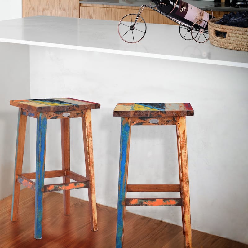 Chic Teak Marina Del Rey Square Recycled Teak Wood Boat Barstool