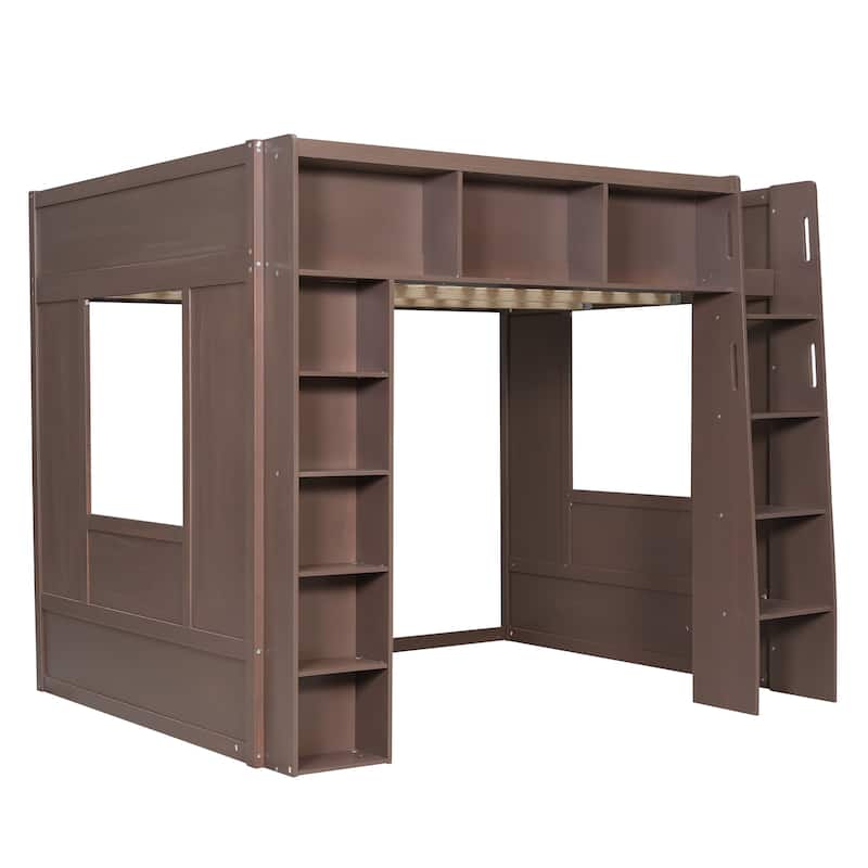 Queen Size Wooden Loft Bed with Storage Cabinets and Shelves, Multifunctional Country Style Design