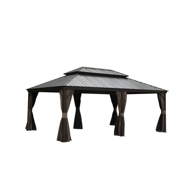 14x20FT Permanent Metal Gazebo with Double Roof, Aluminum Frame, Curtains, and Netting for Patio, Deck, or Garden - Brown