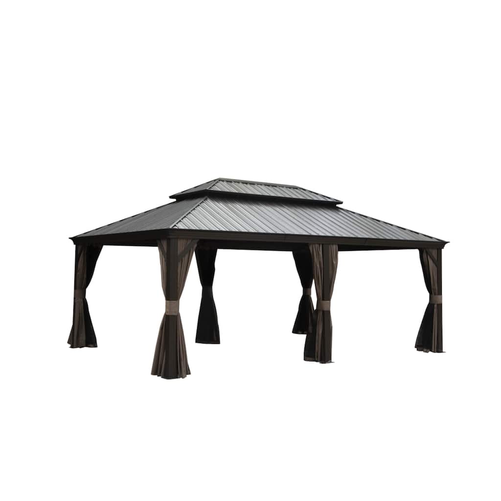 14x20FT Permanent Metal Gazebo with Double Roof, Aluminum Frame, Curtains, and Netting for Patio, Deck, or Garden