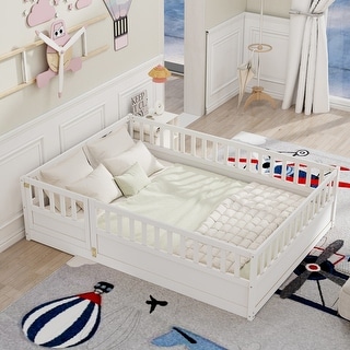 Full size Floor bed, integral construction with super high security barrier, door, children's floor bed frame, Montessori