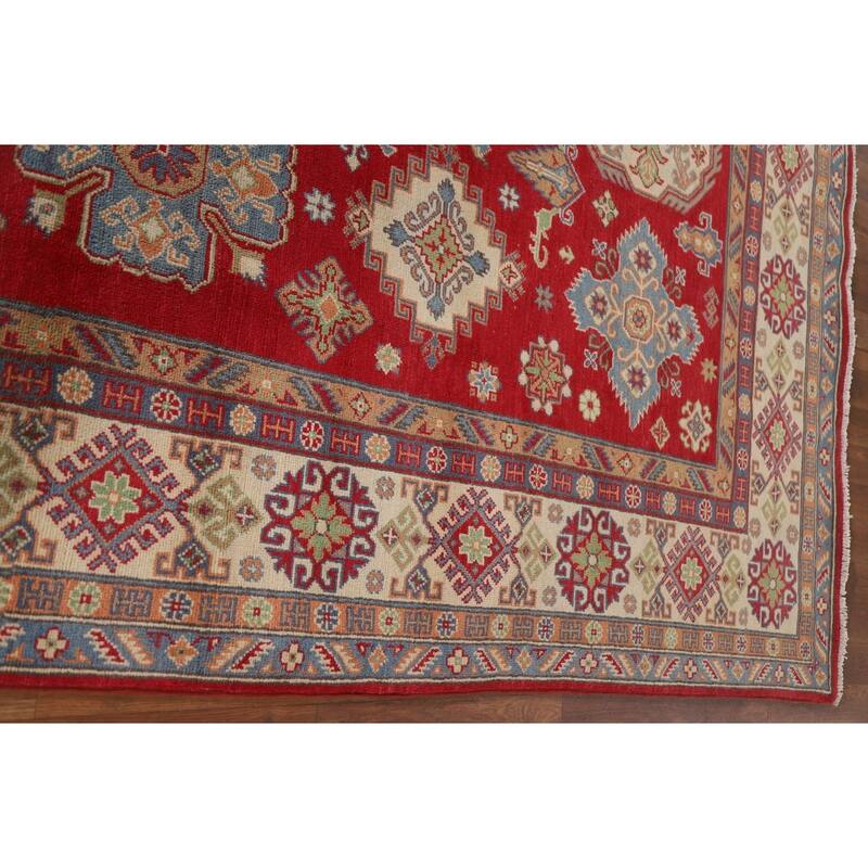 Hand Knotted Oriental 100% Wool Carpet Traditional Geometric Red Kazak Area Rug - 10' 0'' X 6' 11''