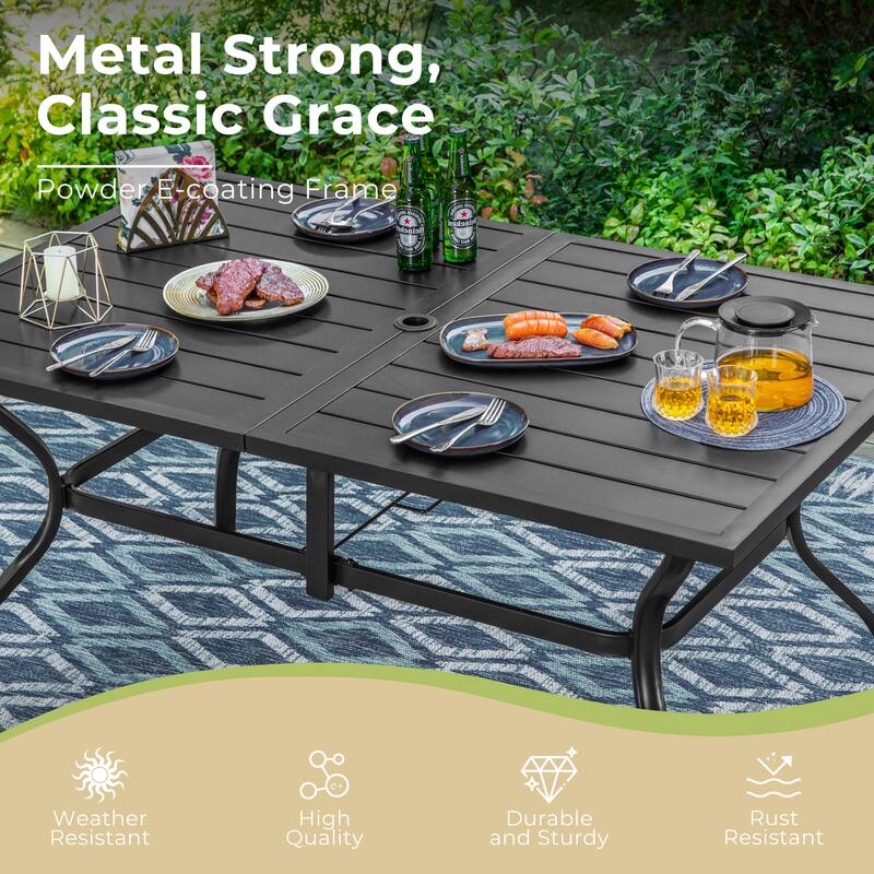 8-Piece Patio Dining Set Metal E-coating of 6 Upgraded Back Pattern Chairs & 1 Metal Table & 13FT Large Umbrella