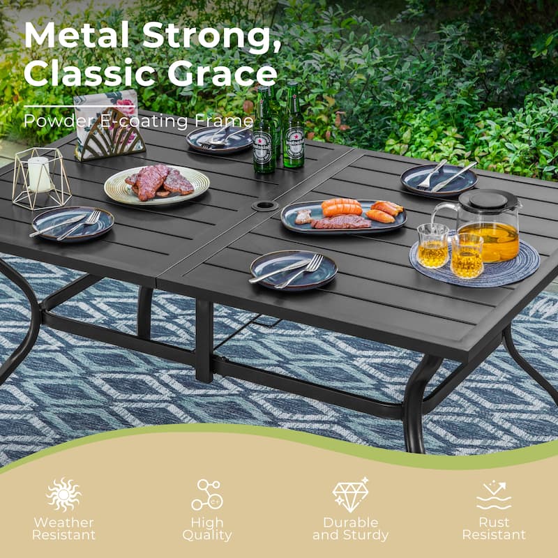 MAISON ARTS 8-Piece Outdoor Dining Set with 13ft Umbrella, Metal Rectangle Table & 6 Stackable Chairs