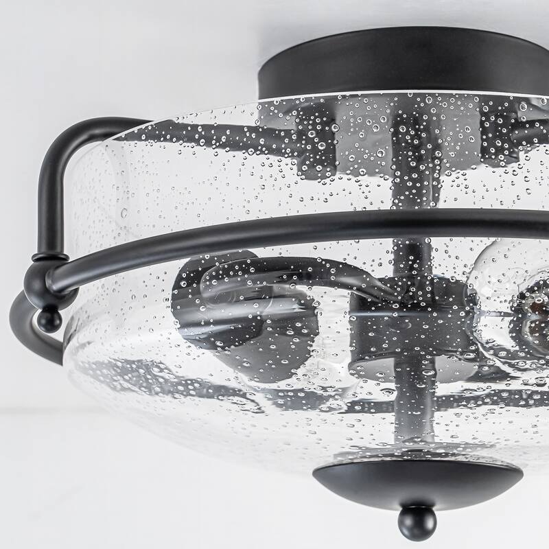 2-Light Modern Transitional Metal & Glass Flush Mount with Clear Bubble Glass Shade for Bedroom - 12.6 in. W x 7.3 in. H